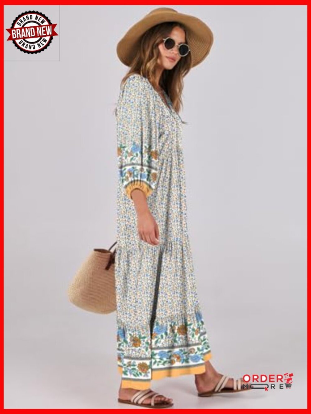 V Neck Puff Sleeve Floral Maxi Dress Boho Tiered Swing - Picture 4 of 7